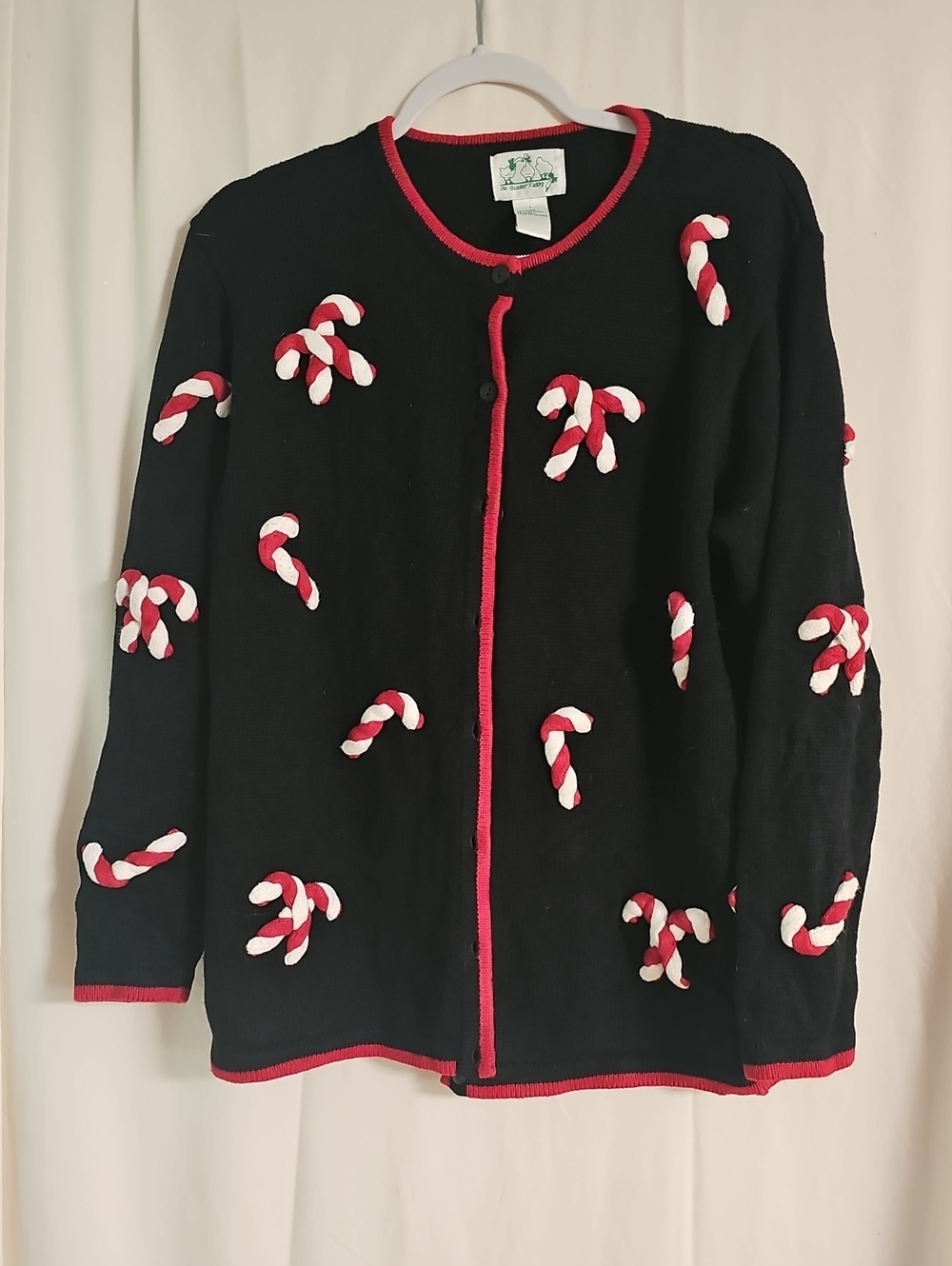 Black Candy Cane Appliqué Cardigan Sweater -The Quacker Factory